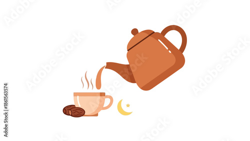 Hot coffee being poured from a teapot into a cup with coffee beans.