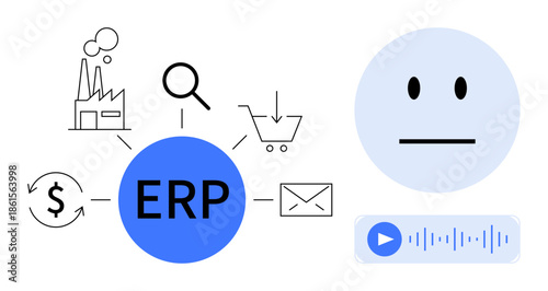 Business management, ERP systems, process automation, operations optimization, data analysis, supply chain. Diagram with ERP central hub and operational icons. Business management and ERP systems