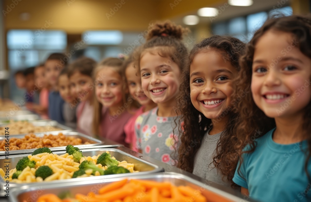 Fototapeta premium Happy elementary school kids line up for lunch in a bright cafeteria. Children smile, choosing meals from a healthy buffet with pasta, broccoli, and carrots.