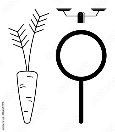 Agriculture, research, food analysis, justice, balance, simplicity. Minimalistic black-and-white carrot, magnifying glass and balance scale. Agriculture and research concept blending practicality