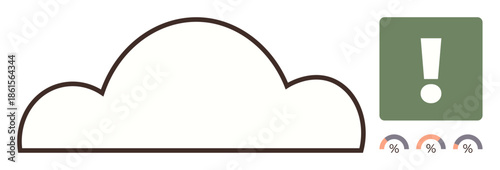 Cloud outline with an exclamation mark block and three semicircular progress gauges in varying percentages. Ideal for cloud computing, data analytics, system monitoring, alerts, technology