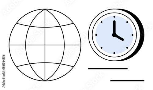 Globe with latitude and longitude lines beside a wall clock showing time. Ideal for global reach, time zones, scheduling, international business, productivity, travel, and communication. Minimal flat
