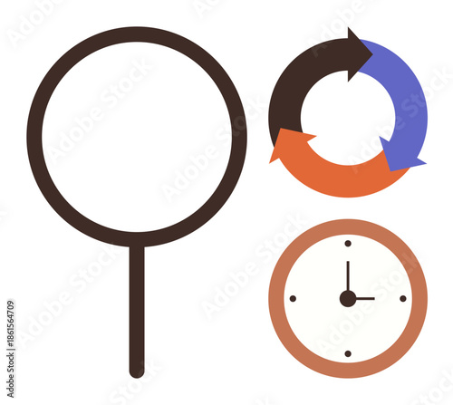 Magnifying glass, circular arrows, and clock symbolizing exploration, process flow, and time tracking. Ideal for research, workflow, efficiency, management productivity focus simple flat metaphor