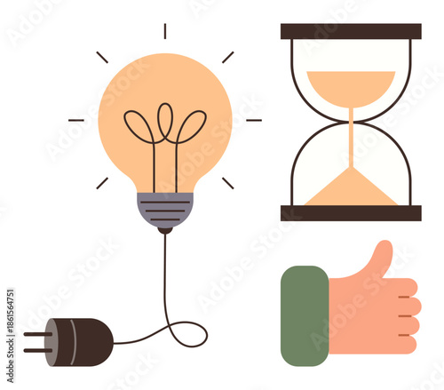 Light bulb connected to a plug, hourglass showing time passing, and a thumbs-up gesture. Ideal for innovation, productivity, time management, energy efficiency, ideas, approval encouragement simple