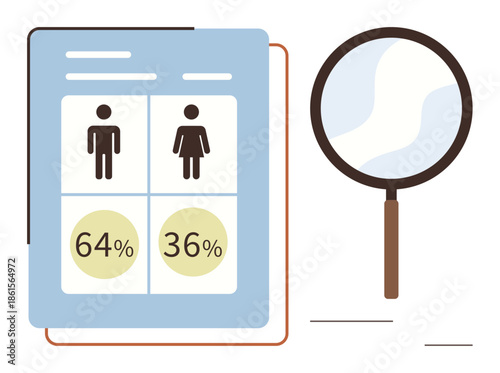 Data sheet displays male and female symbols with percentages magnifying glass suggests analysis. Ideal for demographic research, gender statistics, data analytics, business reports, social studies