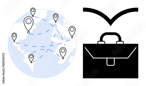 Global business travel, international logistics, remote work, corporate mobility, professional networking, worldwide connectivity. Globe with location markers and briefcase icon. Business travel