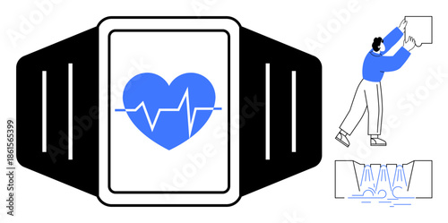 Fitness tracker. A wearable device showing heartbeat monitoring and health statistics. Fitness tracker supporting wellness, health monitoring, activity tracking, technology use, healthcare innovation