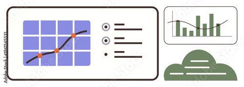 Analytical dashboard featuring a line graph on a grid, bar chart with trends, and cloud structure. Ideal for data visualization, statistics, business performance, cloud storage, forecasting