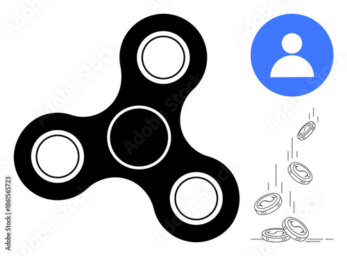 Gamification, digital interaction, online rewards, play-to-earn systems, user experience, cryptocurrency. A fidget spinner with user icon and coins falling. Gamification and digital interaction