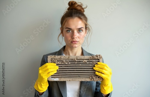 Woman in yellow gloves holds very dirty ventilation grille, face shows disgust. Air filter needs cleaning. Indoor pollution causes health problems. Time for house cleanup.