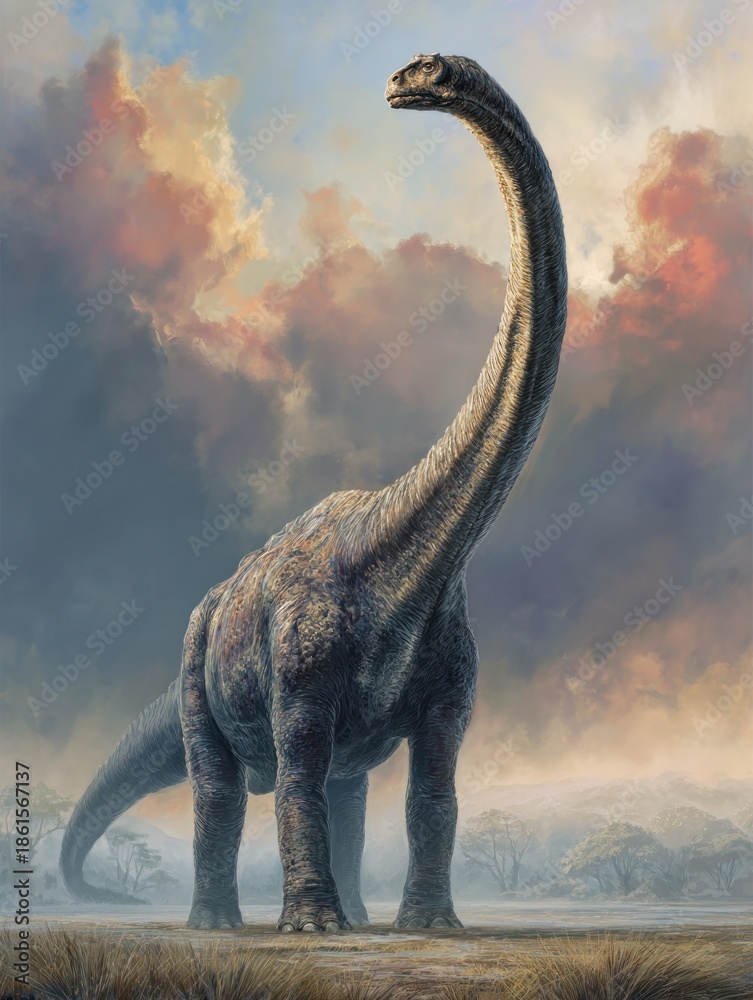 Obraz premium Majestic Long-Necked Dinosaur in a Stunning Prehistoric Landscape Under Dramatic Sky