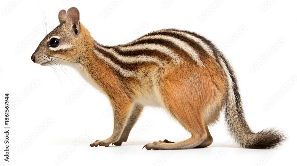 Obraz premium Adorable striped chipmunk standing alert on a white background with distinctive dorsal stripes