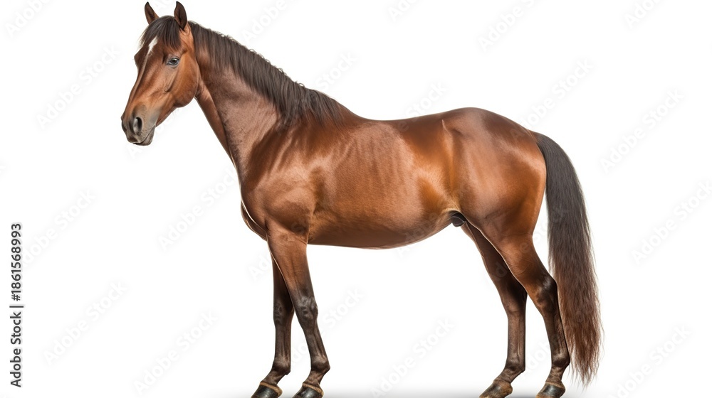 Obraz premium Chestnut Thoroughbred-style Horse Stands Upright in Profile Against White Background