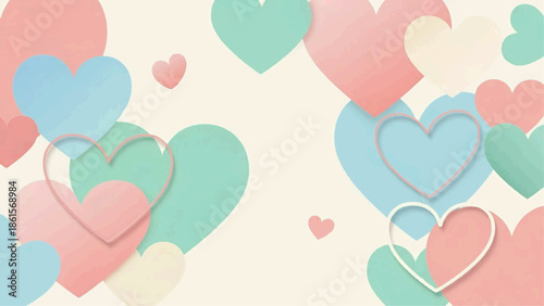 A colorful illustration of various sized hearts in pink, blue, and green hues scattered across a cream background.
