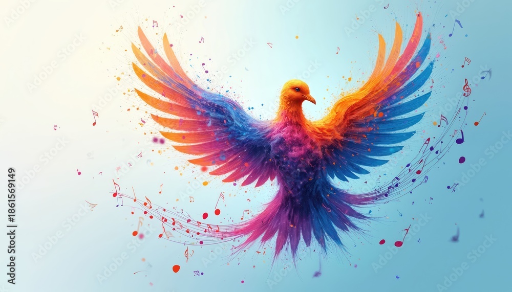 Obraz premium Colorful bird formed from musical notes flies upward. Abstract art symbolizes freedom of expression and creativity. Artistry in motion with vibrant paint splashes and harmonious sounds.
