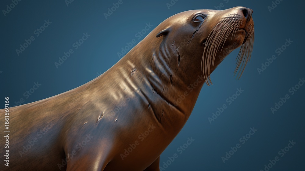 Obraz premium Close-up Portrait of a Curious Sea Lion with Upward Gaze Against Blue Background