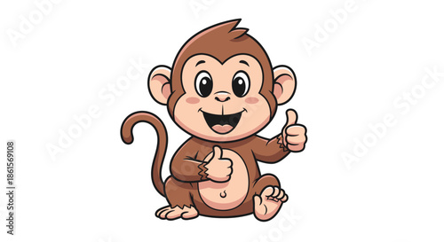 Adorable happy baby monkey cartoon character giving a double thumbs up gesture, signifying great success, approval, and positivity concept. Friendly primate mascot vector graphic.