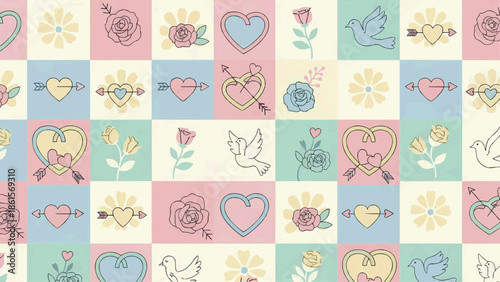 A heartwarming scene of colorful illustrations featuring hearts, flowers, and birds in a lively checkerboard pattern on a vibrant background.