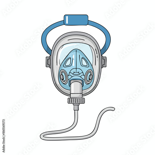An illustrated blue and gray full face mask with a head strap and connecting tube