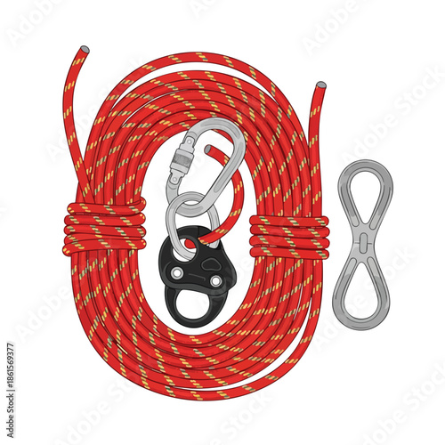 Red and yellow striped rope coiled with hardware carabiner, pulley, and cable loops