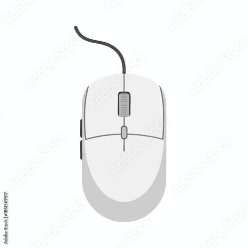 Illustration of a computer mouse, white body with buttons, scroll wheel and attached cord
