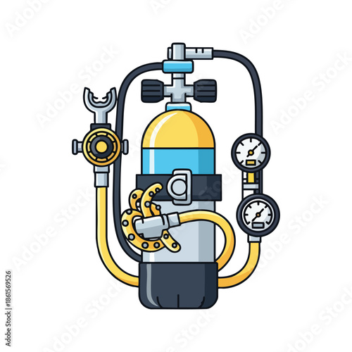 Vector illustration of a scuba diving tank with gauges and a regulator