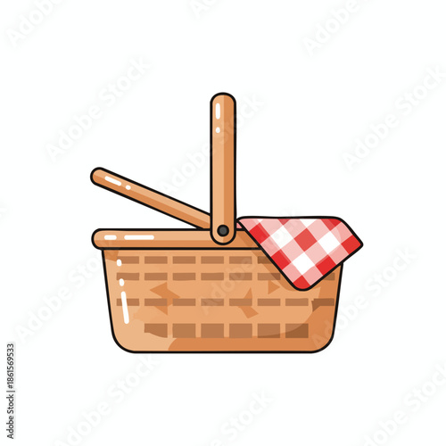 An illustrated picnic basket, with checkered cloth, handle up and open