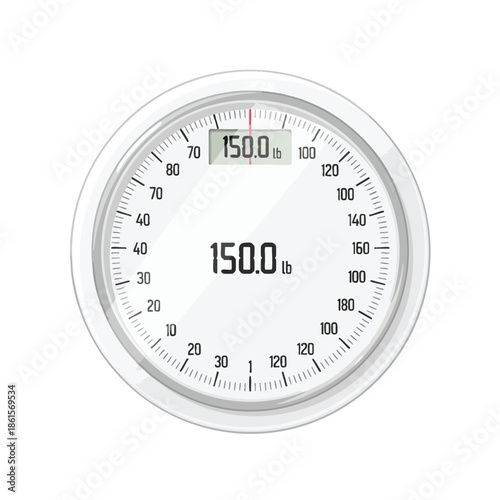 A circular white scale indicating 150.0 lbs with a needle at the same weight