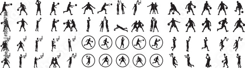 Silhouettes of basketball players in various action poses dribbling passing shooting jumping defending team sport activity vector art
