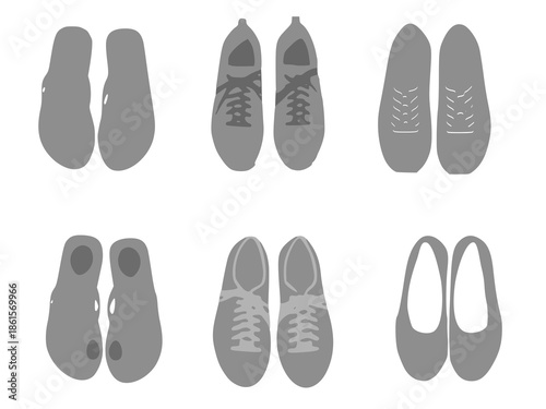 Vector illustration of various types of shoes and footwear outlines. Includes sneakers, sandals, and flats in a top-down view design set