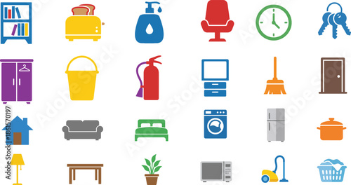 Home Essentials Icon Set for Household Furniture Appliances and Daily Tools