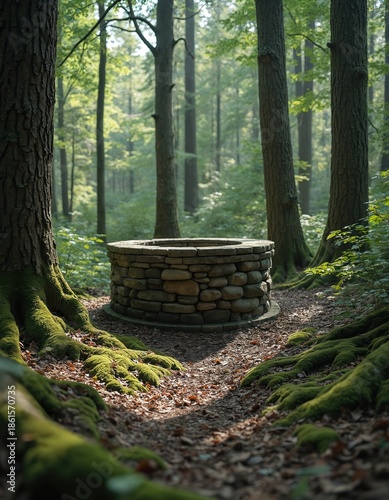 Ancient stone well sits in a sunlit forest clearing. Moss covered roots and fallen leaves surround old stone structure. Tall trees and green undergrowth create woodland scene.