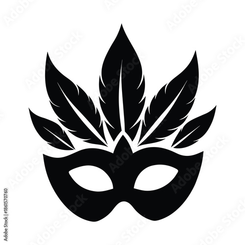 Elegant black feather mask with intricate design isolated on transparent background for creative projects