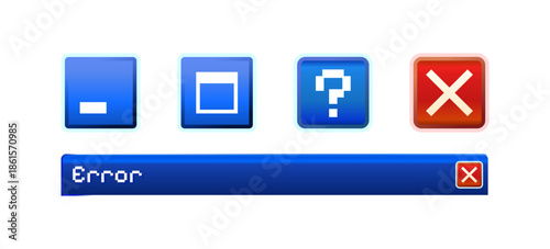 Windows XP UI buttons vector design with classic system logos including close, minimize, info, question icons and window header elements, vintage interface style isolated on transparent background