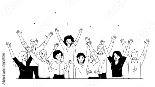 Flat vector illustration of diverse people celebrating together, arms raised, smiling faces, colorful confetti, modern minimal style, clean lines, soft shadows, isolated on white background