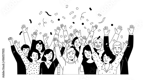 Flat vector illustration of diverse people celebrating together, arms raised, smiling faces, colorful confetti, modern minimal style, clean lines, soft shadows, isolated on white background