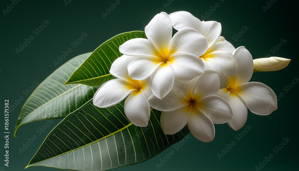 Fototapeta premium White plumeria frangipani flower in a garden with blurred green leaves background Perfect for Mothers Day isolated pastel background