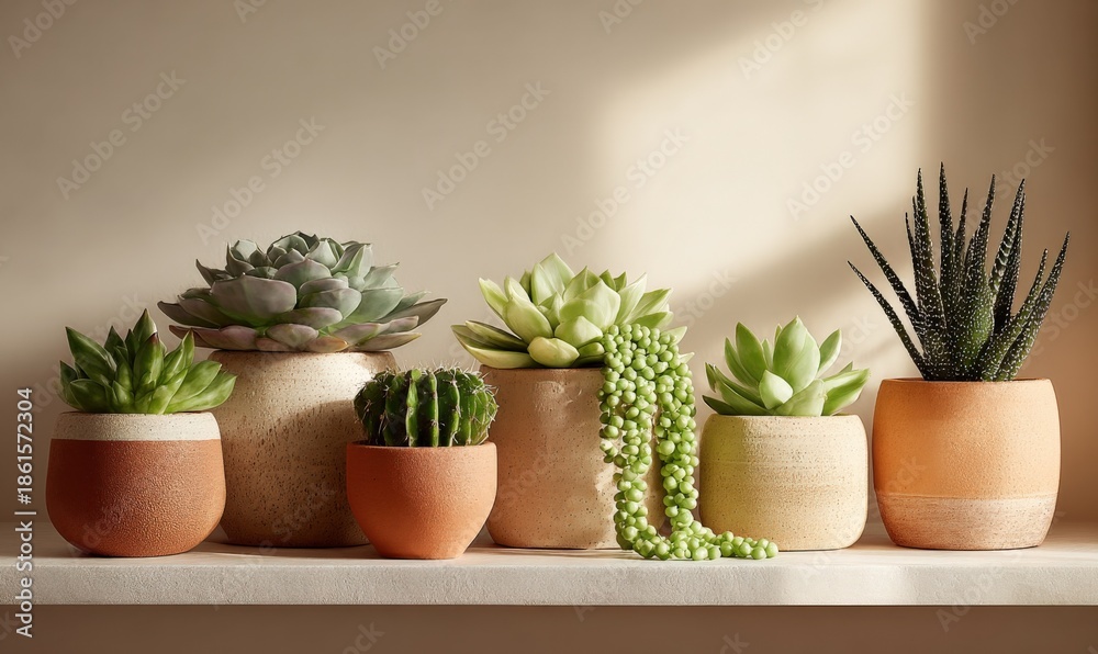 Fototapeta premium Diverse Succulent Collection in Earth Toned Pots on Shelf, Modern Indoor Plant Display for Home Decor