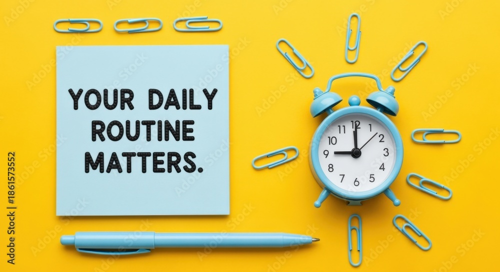 Obraz premium Daily routine reminder with clock, pen and clips on yellow background, concept of time management