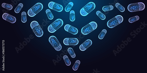 Futuristic biotech and pharmaceutical concept with floating glowing capsules on dark background. 