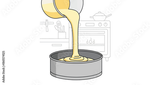 Sponge Cake Batter Being Poured into Round Pan with Preheated Oven Flat 2D Vector Illustration