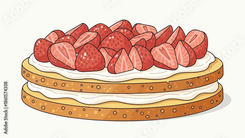 Strawberry Shortcake Preparation with Cream and Strawberries Flat Vector Illustration