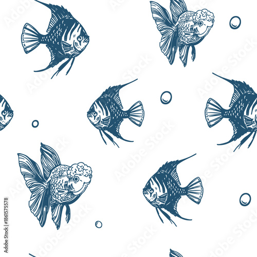 Aquarium fish, seamless pattern, angelfish, goldfish, vector monochrome illustration