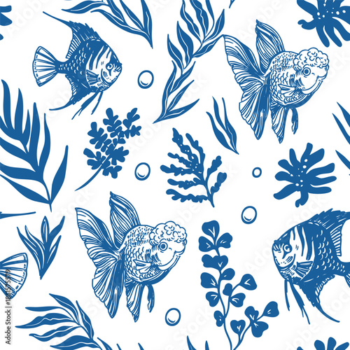 Aquarium fish, seamless pattern, angelfish, goldfish, vector monochrome illustration