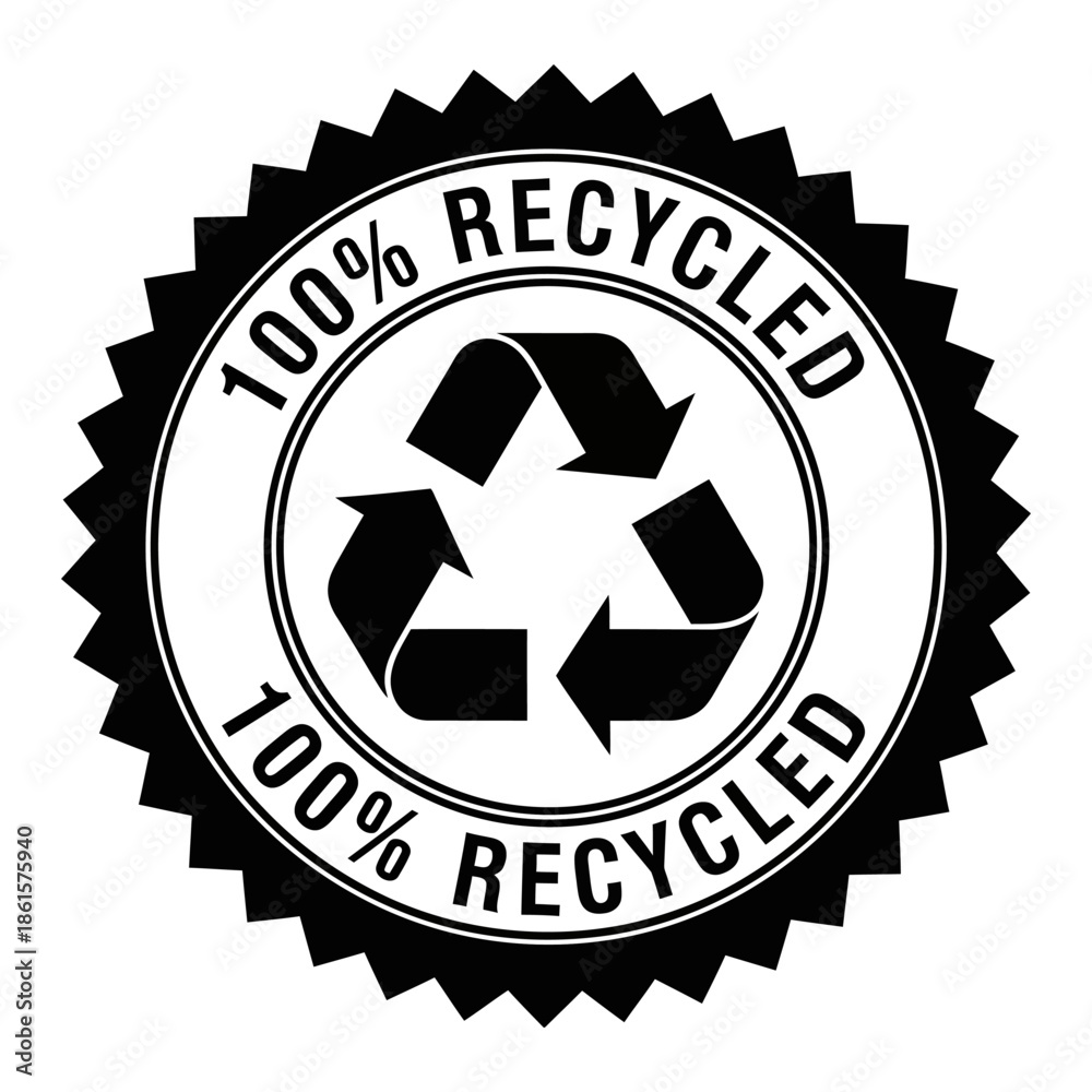 Obraz premium Classic black and white 100% recycled stamp vector illustration with triangular arrow symbol isolated on white background for eco-friendly product packaging.