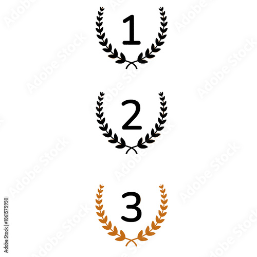 Set of three black laurel wreath vector icons with numbers one, two, and three isolated on white background, perfect for awards, rankings, and anniversary designs.