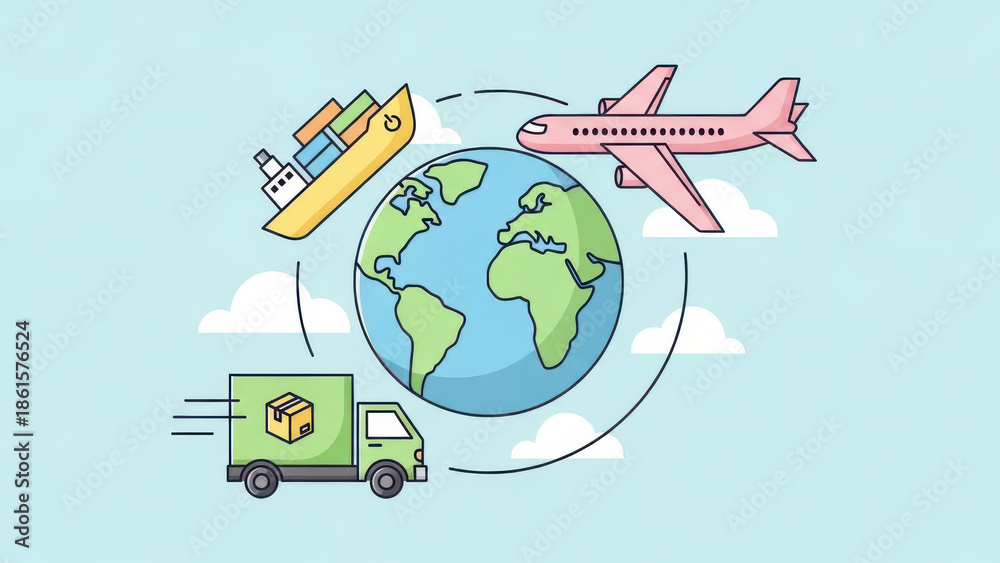 Fototapeta premium Global shipping and delivery concept with truck, airplane, and boat