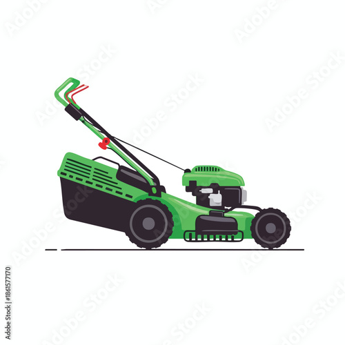 A green lawn mower, flat design, from side profile, with a handle, large wheels, and a white background