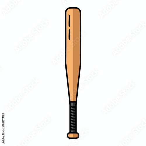 Illustration of a wooden baseball bat with black grip, outline, and white background
