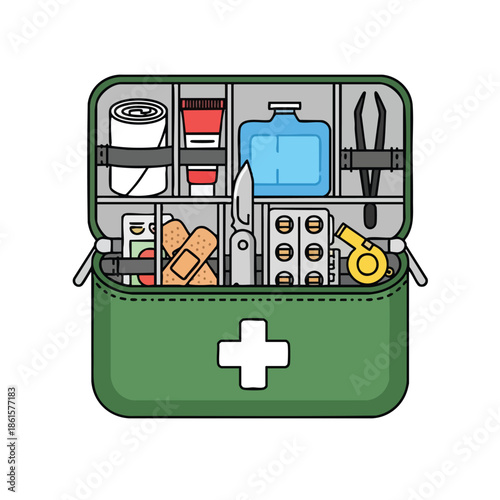 An opened green first-aid kit with contents like bandages, pills, and tools